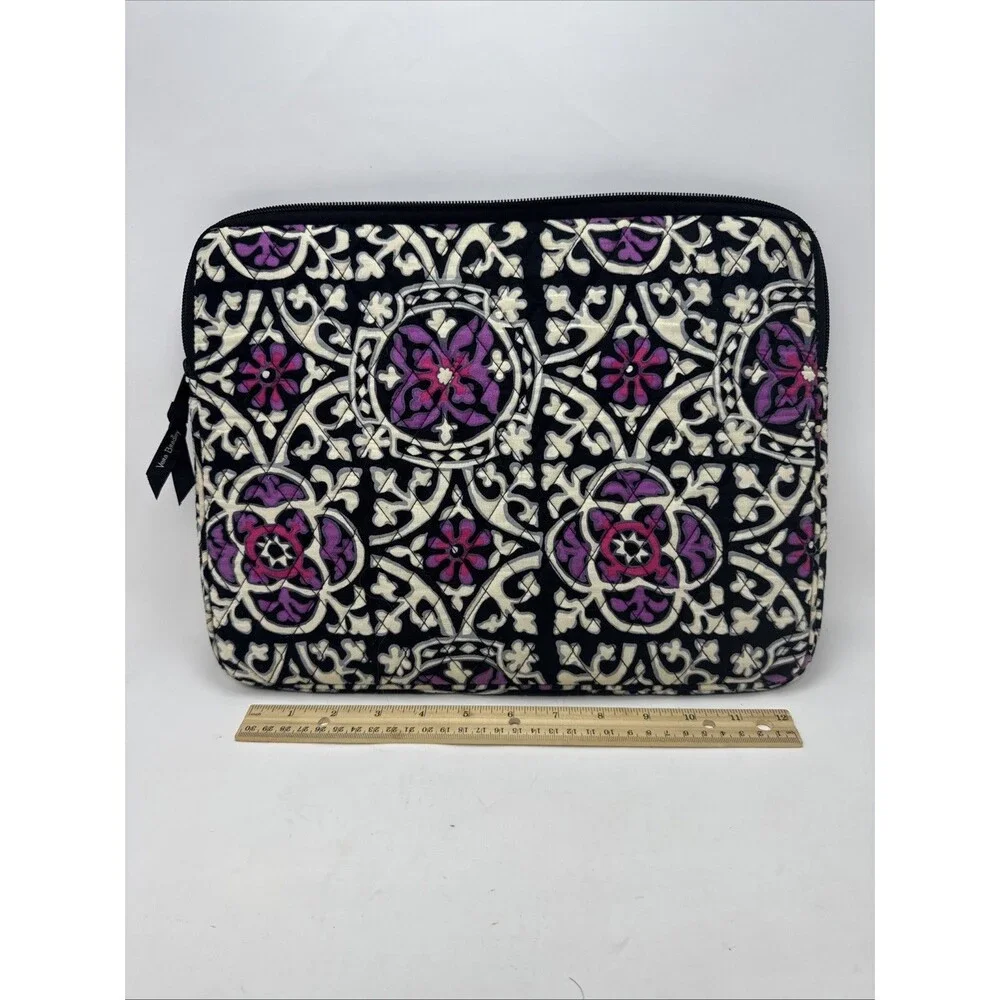 Vera Bradley Flora Medallion Quilted Laptop Sleeve Black White Purple